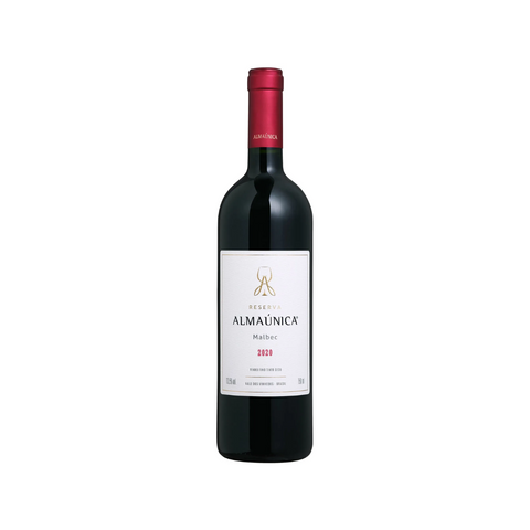 Garrafa do vinho tinto Almaúnica Reserva Malbec, com coloração intensa e aromas de frutas escuras, ideal para pratos robustos.