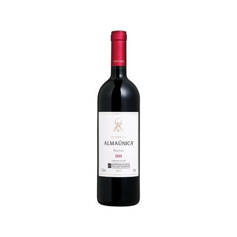 Garrafa do vinho tinto Almaúnica Reserva Merlot, com coloração rubi e aromas de frutas vermelhas, ideal para refeições leves.