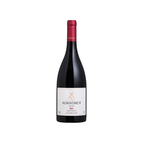 Garrafa do vinho tinto Reserva Syrah da Almaúnica, elaborado com uvas Syrah, revelando intensidade e complexidade.