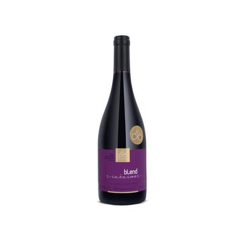 Garrafa do Arte Viva Sinônimos Blend, com coloração rubi intensa e rótulo sofisticado, perfeita para jantares requintados.