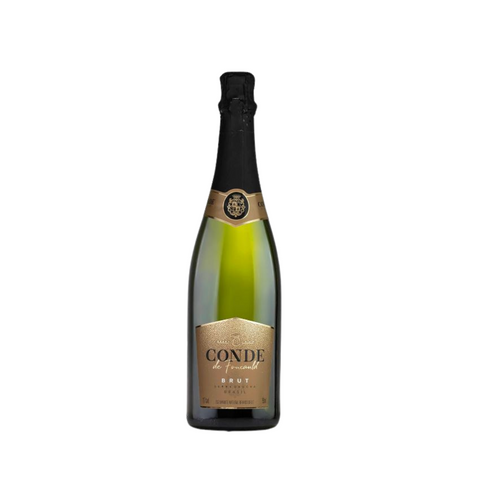 Garrafa do espumante Conde De Foucauld Brut da Aurora, com perlage fina e sabor refrescante, ideal para celebrações.