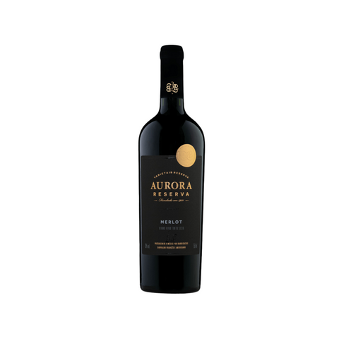 Garrafa do vinho tinto Aurora Reserva Merlot, com coloração rubi e aromas de frutas vermelhas, ideal para harmonizar com carnes leves e massas.