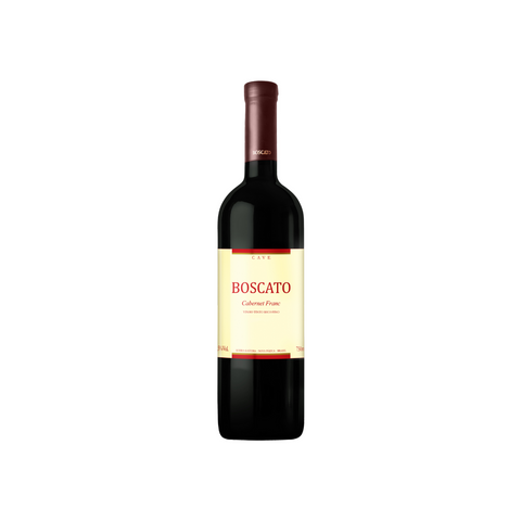 Garrafa do vinho tinto Boscato Cave Cabernet Franc, com coloração profunda e aromas complexos, ideal para harmonizar com pratos robustos.