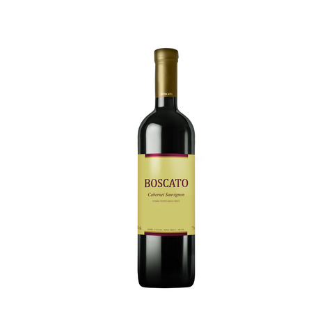Garrafa do vinho tinto Boscato Cabernet Sauvignon, com coloração profunda e aromas intensos, ideal para acompanhar pratos robustos.