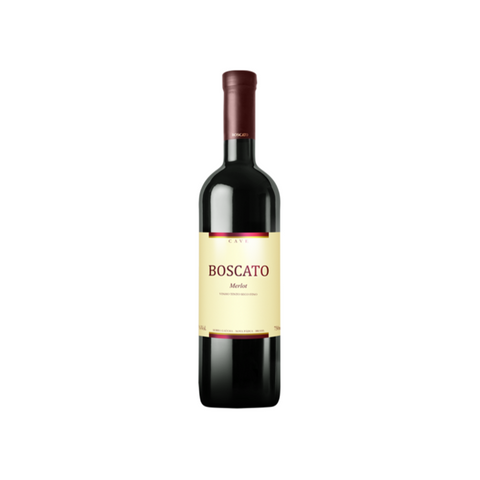 Garrafa do vinho tinto Boscato Cave Merlot, com coloração rubi e aromas de frutas vermelhas, ideal para refeições leves.