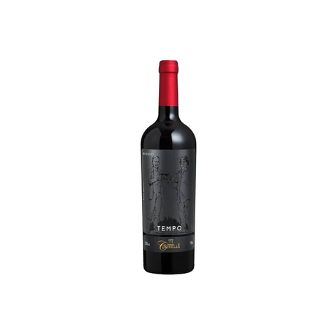 Garrafa do Cainelli Tempo Petit Verdot, com coloração rubi escura e rótulo sofisticado, perfeita para jantares especiais.