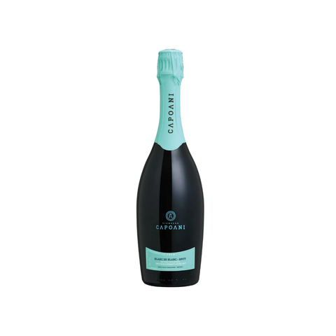 Garrafa do Capoani Blanc de Blanc Brut, com coloração palha brilhante e rótulo elegante, perfeita para brindes especiais.