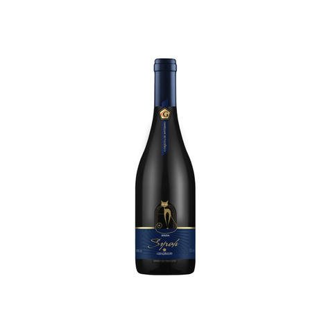 Garrafa do Casa Geraldo Colheita de Inverno Syrah, com coloração rubi profunda e rótulo elegante, ideal para jantares sofisticados.