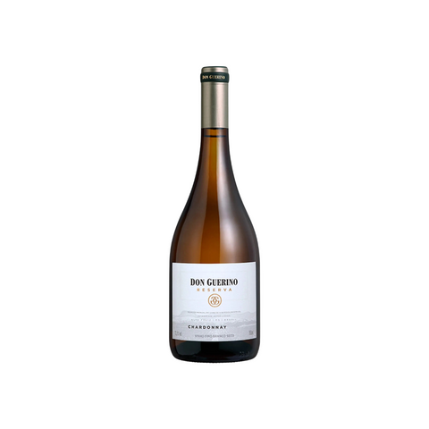 Garrafa do vinho branco Don Guerino Reserva Chardonnay, com coloração dourada clara e aromas tropicais, ideal para harmonizar com frutos do mar e pratos cremosos.