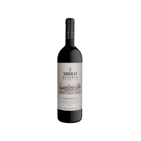 Garrafa do vinho tinto Miolo Reserva Tempranillo, com coloração rubi clara e aromas frutados, ideal para refeições leves.