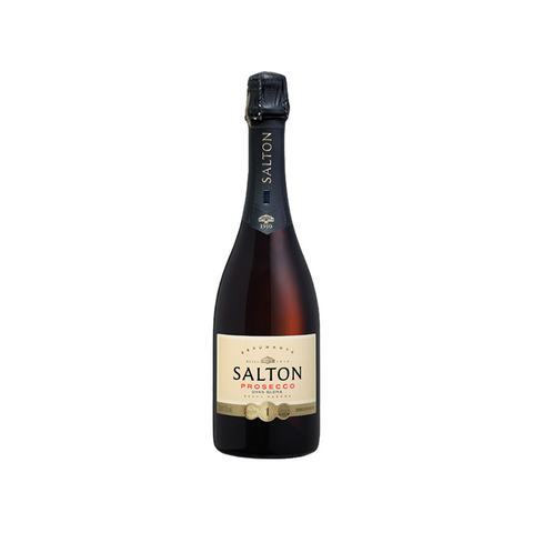 Garrafa de espumante Salton Prosecco Brut, com coloração clara e bolhas finas, ideal para aperitivos e pratos leves.