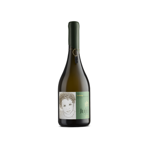 Garrafa do Arte Viva Juju Chardonnay, destacando sua coloração palha e rótulo elegante, perfeita para refeições leves.