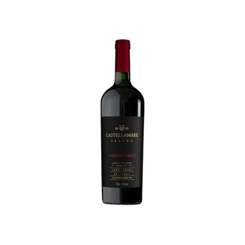 Garrafa do vinho tinto Castellamare Select Cabernet Franc, com coloração rubi e aromas frescos, ideal para refeições leves.