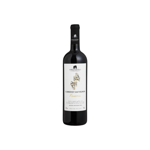 Garrafa do Cristofoli Cabernet Sauvignon Reserva, destacando sua coloração intensa e rótulo sofisticado, ideal para ocasiões especiais.