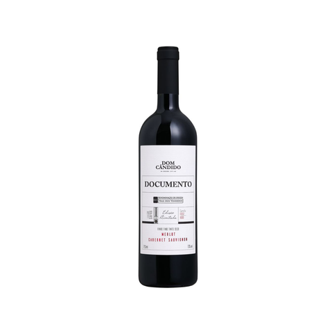 Garrafa do Dom Cândido Documento Merlot / Cabernet Sauvignon D.O., com coloração rubi intensa e rótulo sofisticado, perfeita para jantares especiais.