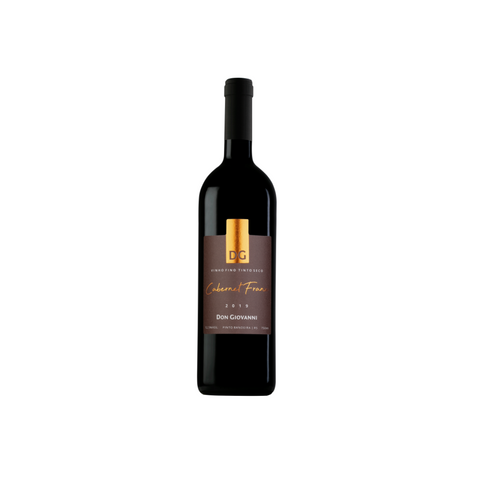 Garrafa do Don Giovanni Cabernet Franc, com coloração rubi intensa e rótulo sofisticado, perfeita para jantares elegantes.
