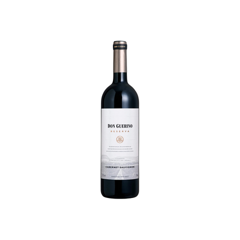 Garrafa do vinho tinto Don Guerino Reserva Cabernet Sauvignon, com coloração profunda e aromas intensos, ideal para pratos de carne e queijos curados.