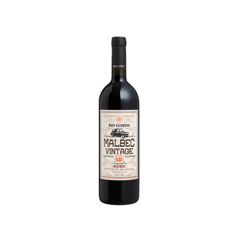 Garrafa do vinho tinto Don Guerino Vintage Reserva Malbec, com coloração profunda e aromas de frutas vermelhas, ideal para pratos de carne e massas.