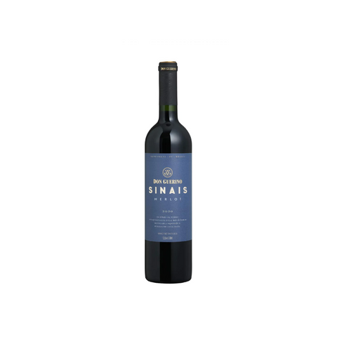 Garrafa do vinho tinto Don Guerino Sinais Merlot, com coloração rubi e aromas suaves de frutas vermelhas, ideal para pratos leves e massas.