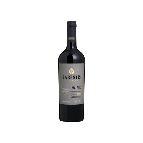 Garrafa do Larentis Reserva Malbec, com coloração profunda e rótulo sofisticado, perfeita para jantares requintados.