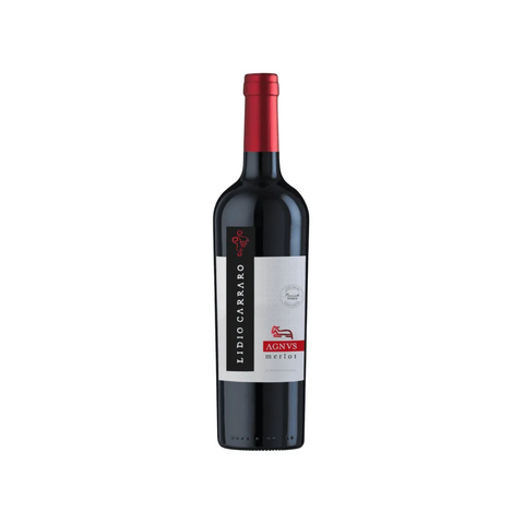 Garrafa do Lidio Carraro Agnus Merlot, com coloração rubi brilhante e rótulo elegante, perfeita para jantares informais.