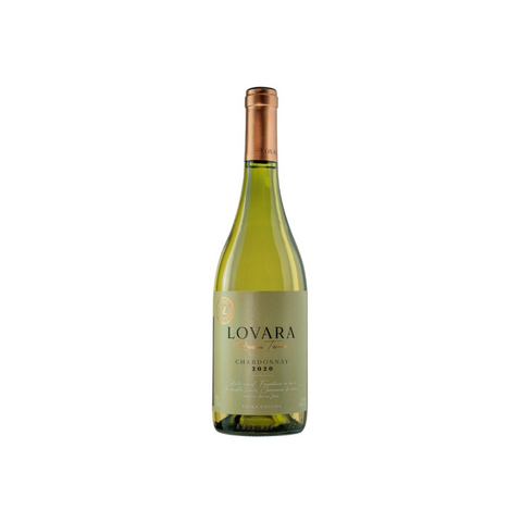 Garrafa do Lovara Reserva Terroir Chardonnay, destacando sua coloração palha e rótulo elegante, perfeita para refeições leves.