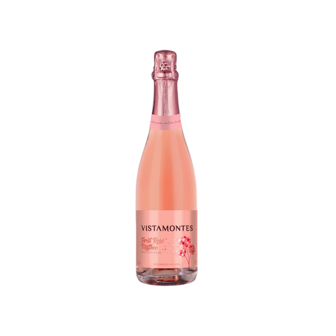 Garrafa do Vistamontes Malbec Brut Rosé, com coloração rosa vibrante e rótulo delicado, perfeita para celebrações e momentos refrescantes.