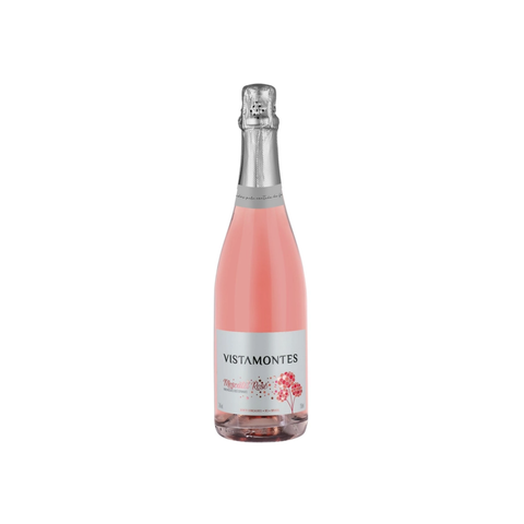 Garrafa do Vistamontes Moscatel Rosé, com coloração rosa suave e rótulo delicado, ideal para momentos refrescantes e celebrações.