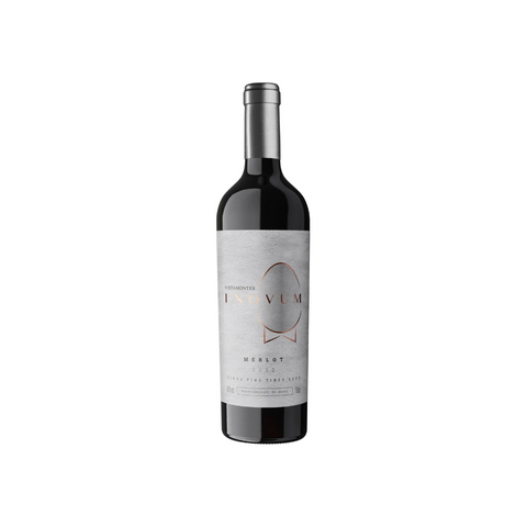 Garrafa do Vistamontes Inovum Merlot, com coloração rubi intensa e rótulo sofisticado, perfeita para jantares especiais.
