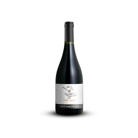 Garrafa do Vistamontes Pinot Noir, com coloração rubi clara e rótulo elegante, perfeita para jantares descontraídos.